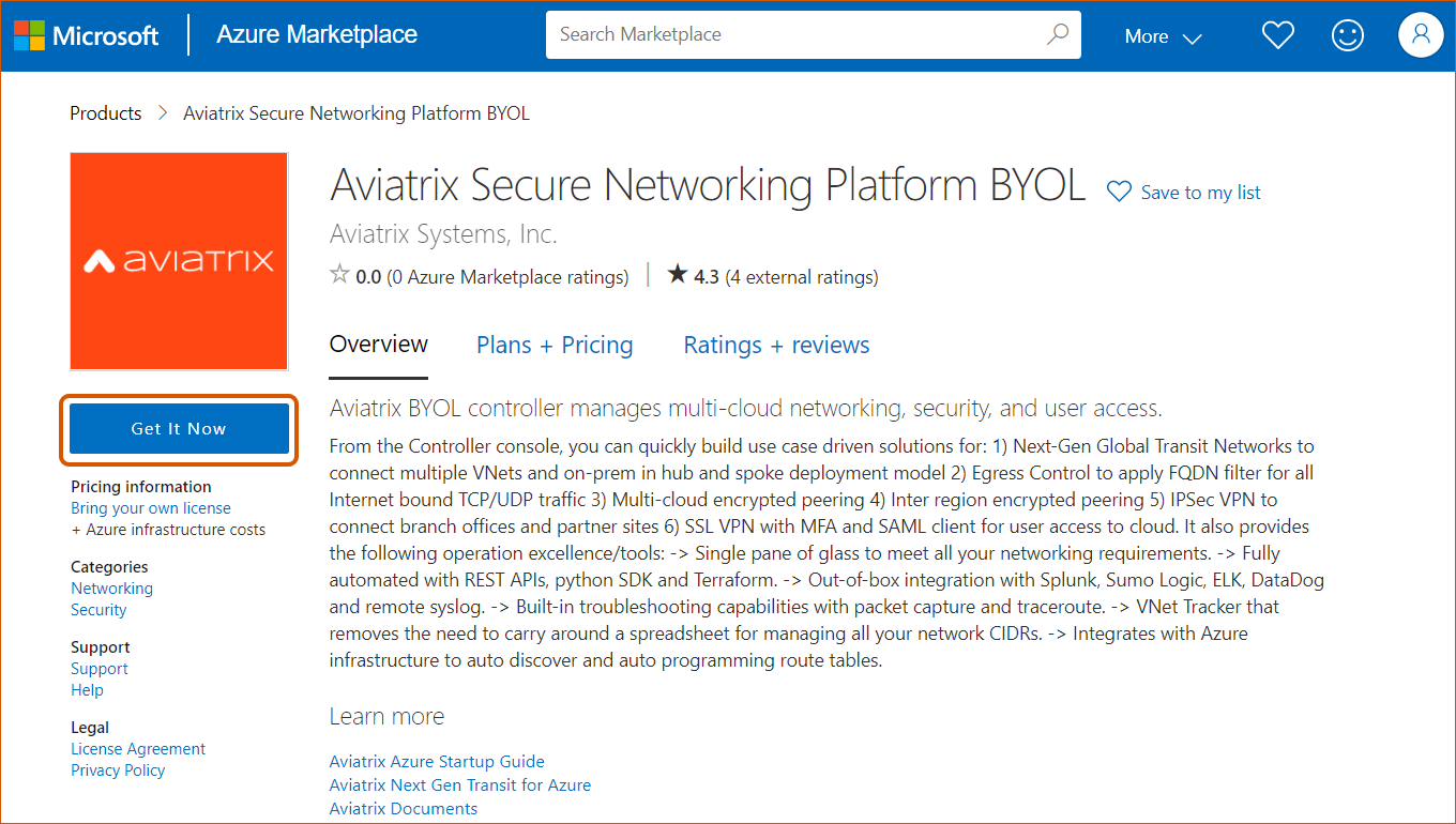 Aviatrix Secure Networking Platform BYOL Subscription