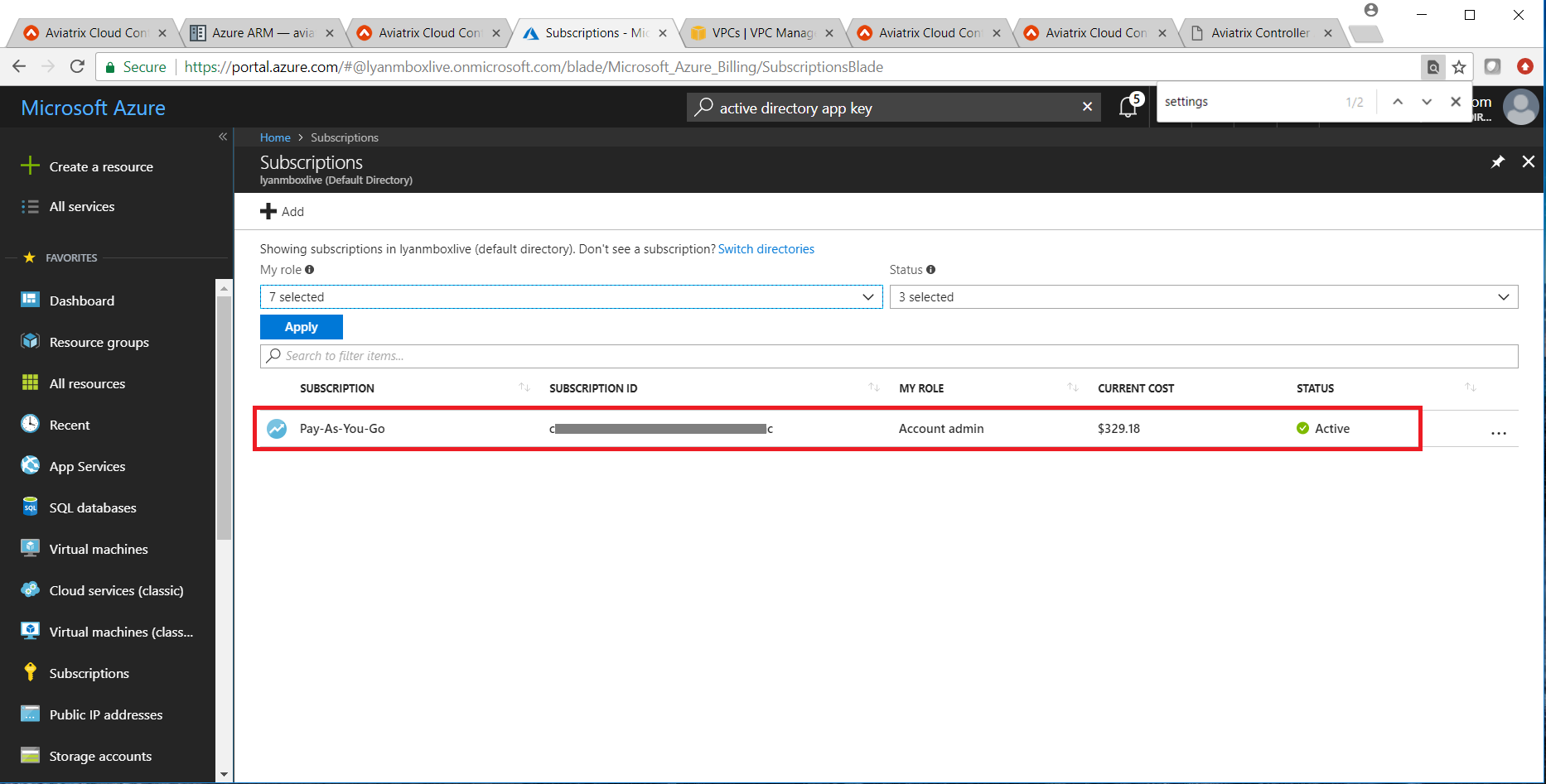 screenshot of Subscriptions page in Azure