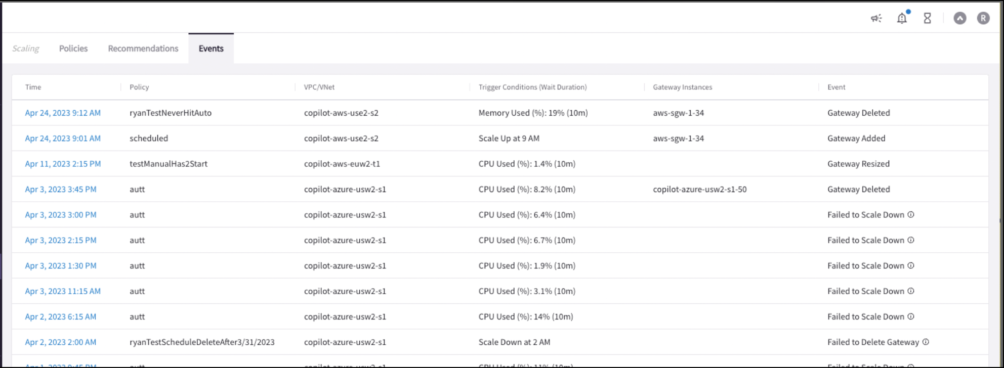 gateway scaling events