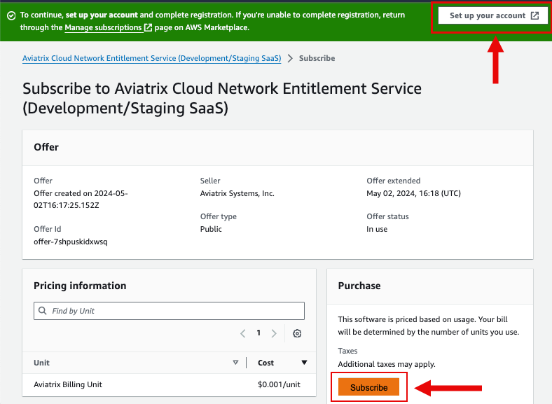 AWS subscription page