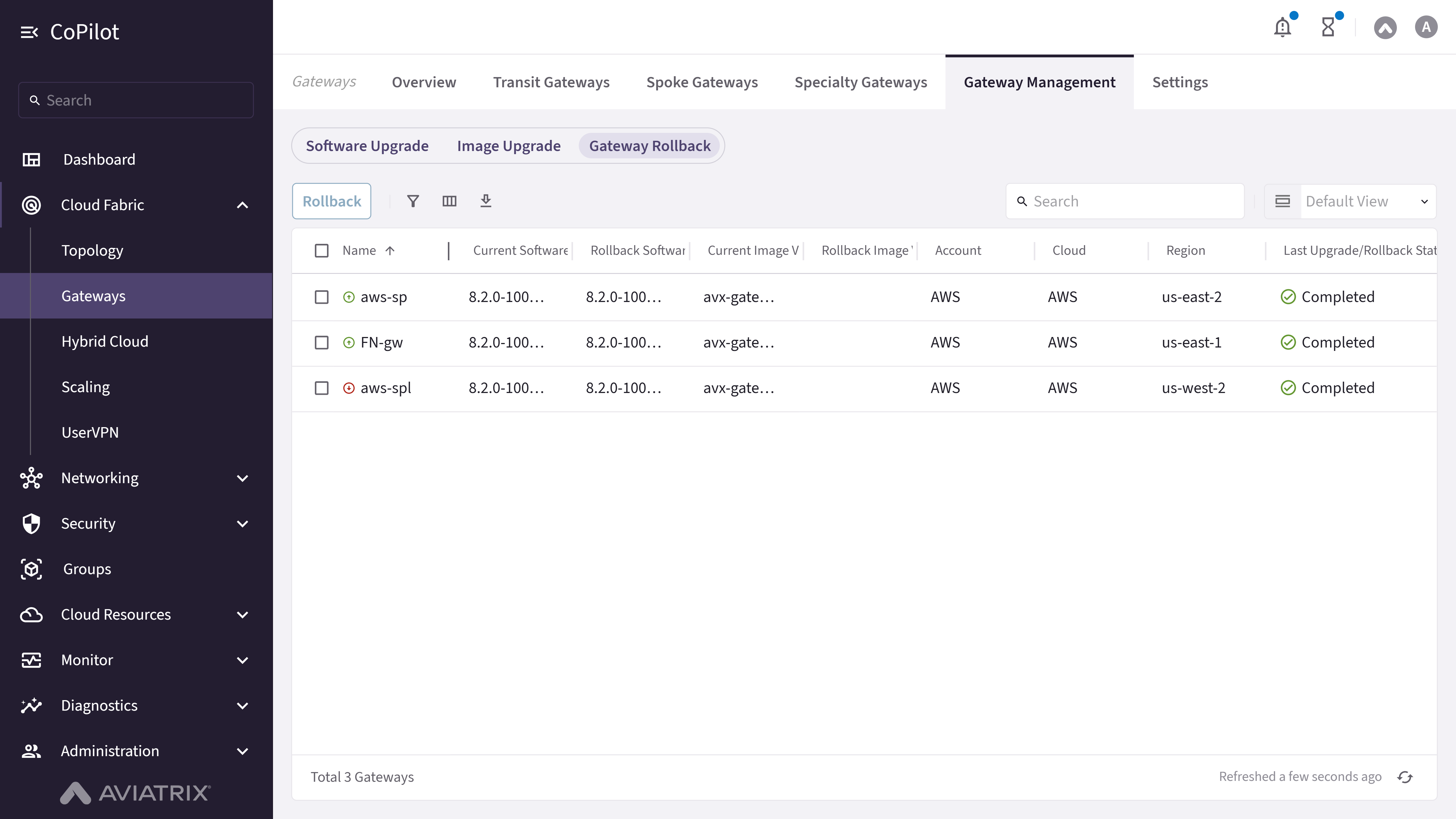 Gateway Management: Rollback