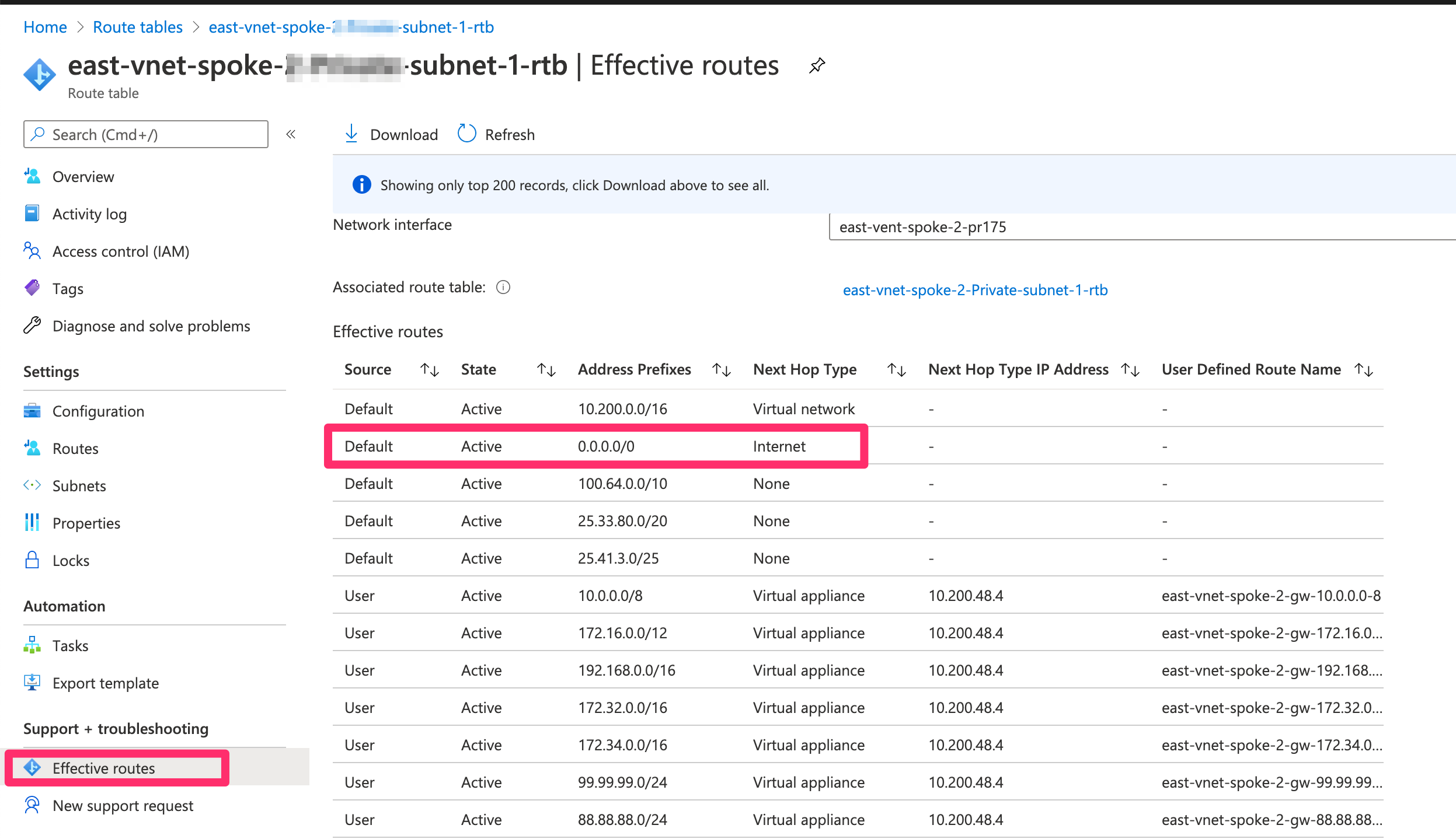 system default route